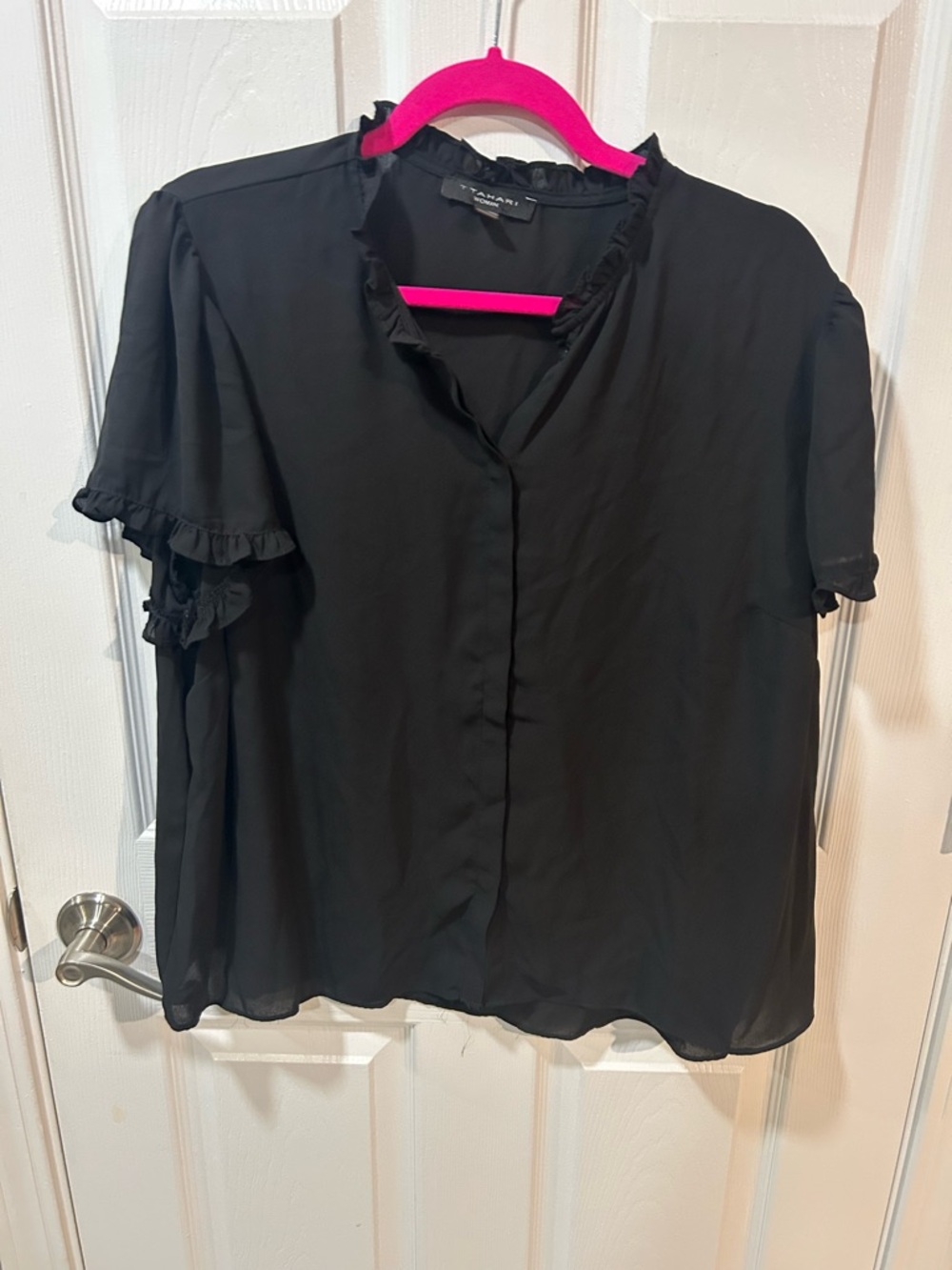 T Tahari Black Short-Sleeve Ruffle Blouse